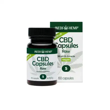 Wedihemp CBD Capsules Raw 5% potje en verpakking, 60 vegan capsules