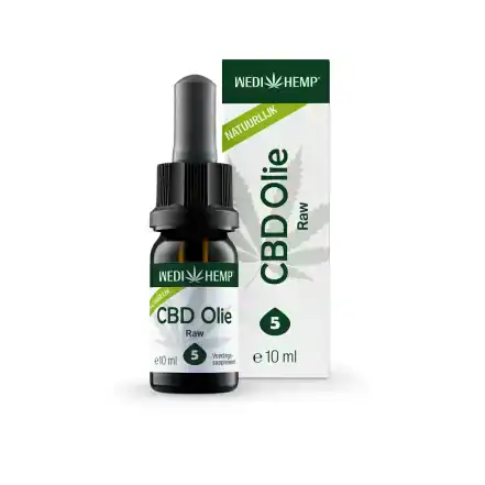 Wedihemp CBD Olie Raw 5% flesje met pipet en donkergroene verpakking, 10 ml