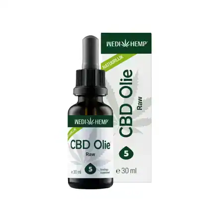 Wedihemp CBD Olie Raw 5% flesje met pipet en donkergroene verpakking, 30 ml