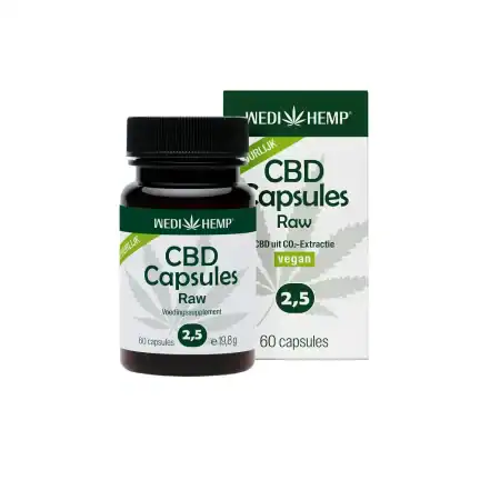 Wedihemp CBD Capsules Raw 2,5% potje en verpakking, 60 vegan capsules