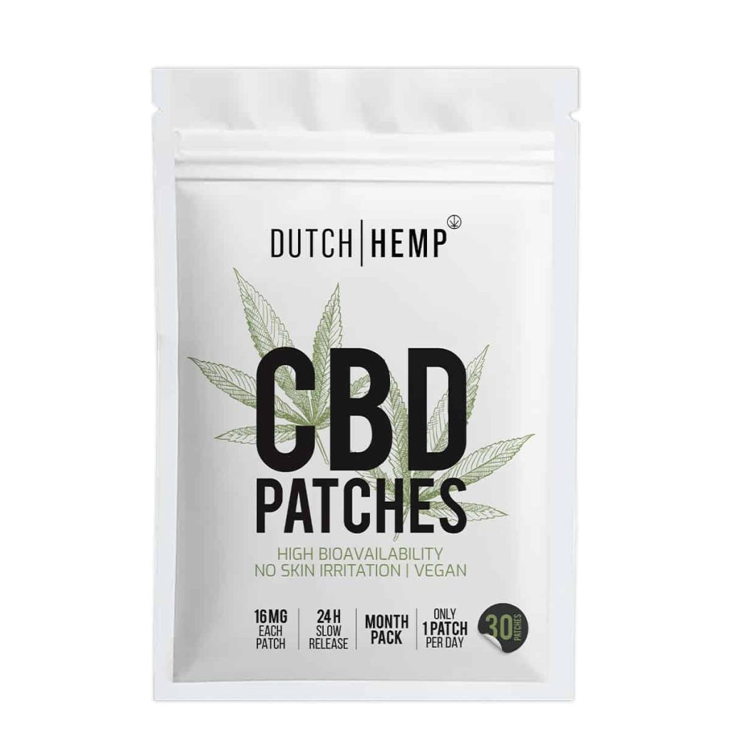 Wit zakje Dutch Hemp CBD-pleisters, 30 stuks met 16 mg per pleister
