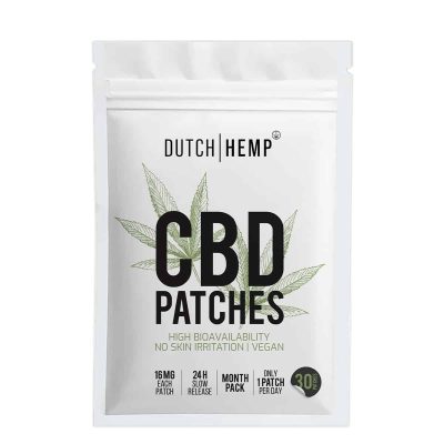 Wit zakje Dutch Hemp CBD-pleisters, 30 stuks met 16 mg per pleister