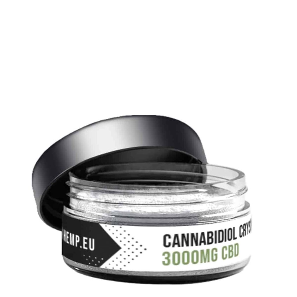 Geopend glazen potje Dutch Hemp CBD-kristallen, 3000 mg