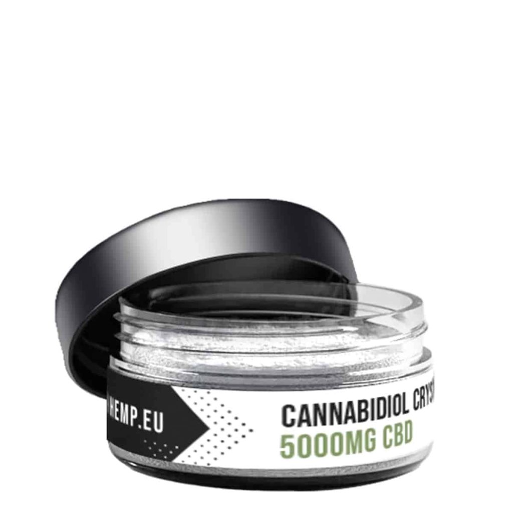 Geopend glazen potje Dutch Hemp CBD-kristallen, 5000 mg