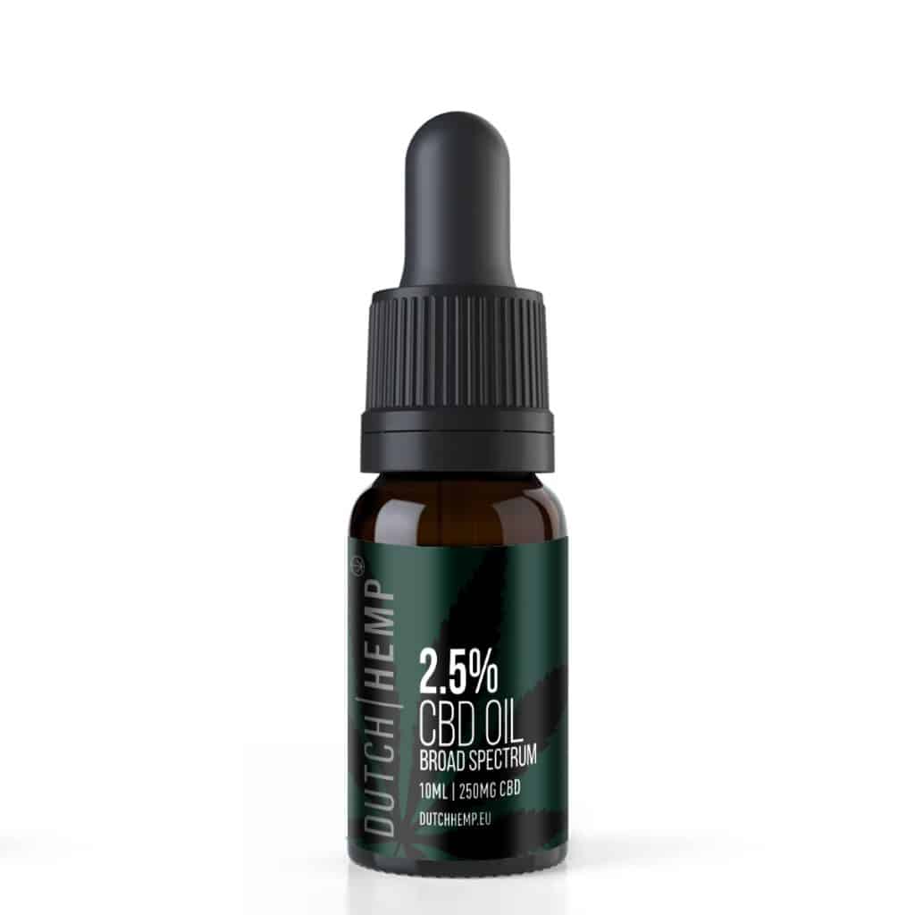 Groen flesje Dutch Hemp 2.5% CBD olie broad spectrum met pipetdop, 10 ml