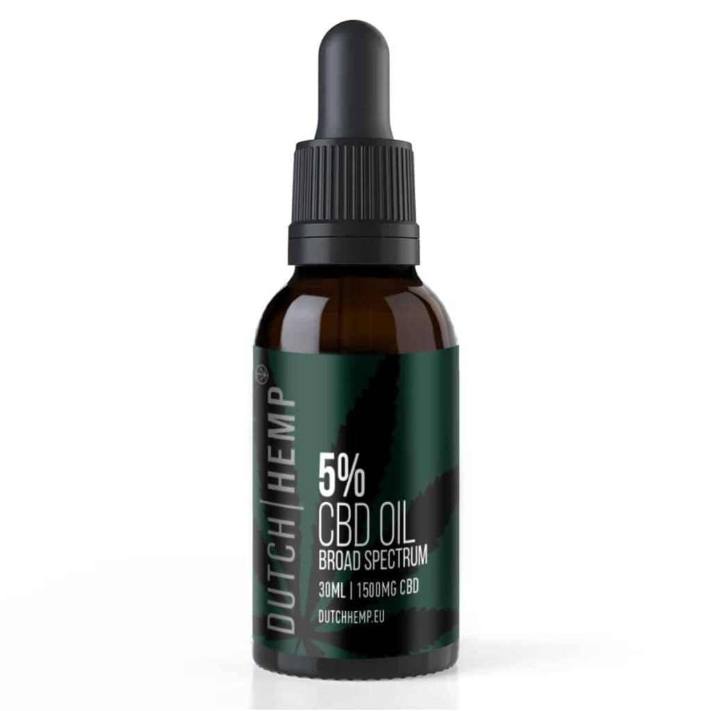 Groen flesje Dutch Hemp 5% CBD olie broad spectrum met pipetdop, 30 ml
