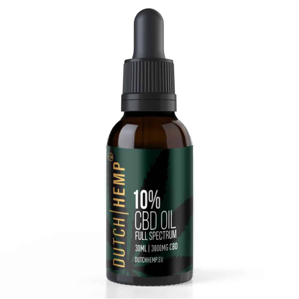Groen flesje Dutch Hemp 10% CBD olie full spectrum met pipetdop, 30 ml