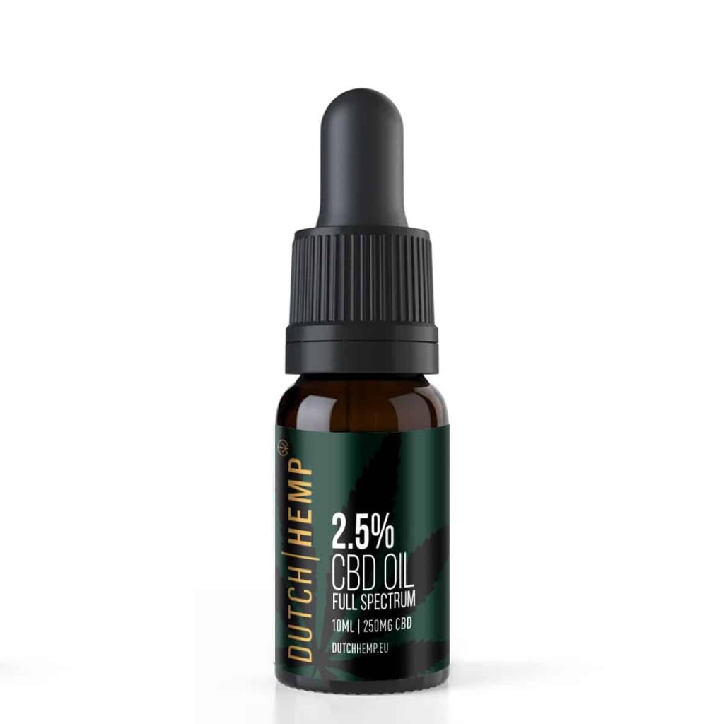 Groen flesje Dutch Hemp 2.5% CBD olie full spectrum met pipetdop, 10 ml