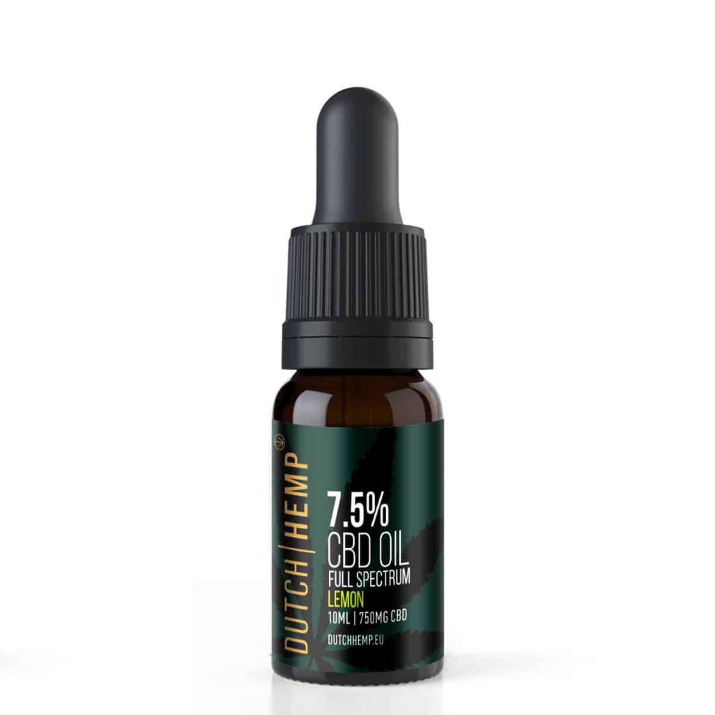 Donker flesje Dutch Hemp 7,5% CBD-olie full spectrum 10 ml, smaak Lemon