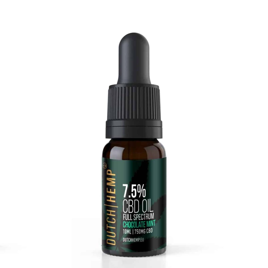 Donker flesje Dutch Hemp 7,5% CBD-olie full spectrum 10 ml, smaak Chocolate Mint