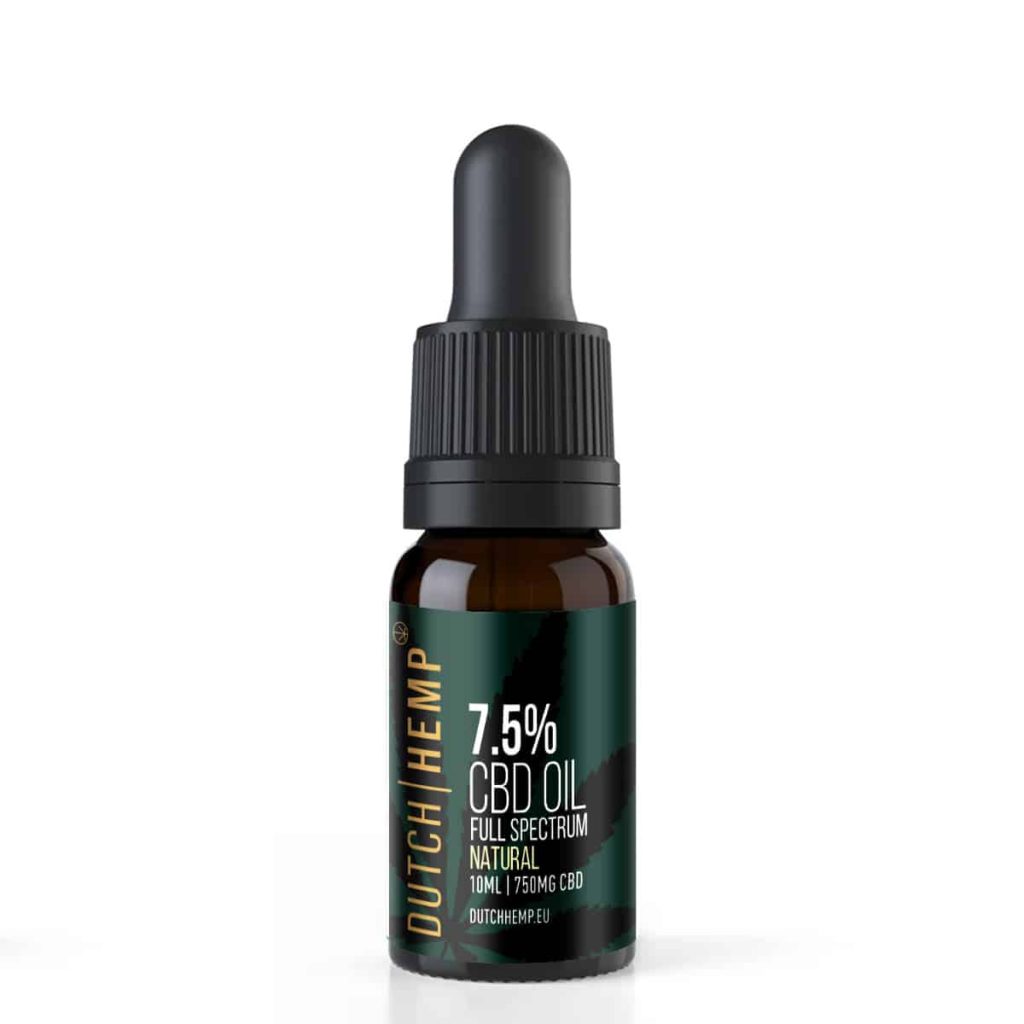 Donker flesje Dutch Hemp 7,5% CBD-olie full spectrum 10 ml, smaak Natural
