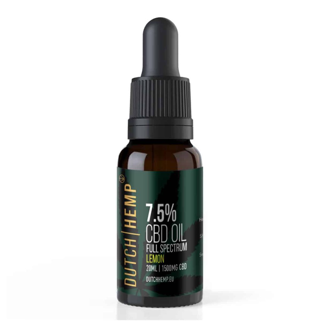 Donker flesje Dutch Hemp 7,5% CBD-olie full spectrum 20 ml, smaak Lemon
