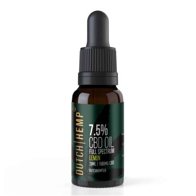 Donker flesje Dutch Hemp 7,5% CBD-olie full spectrum 20 ml, smaak Lemon