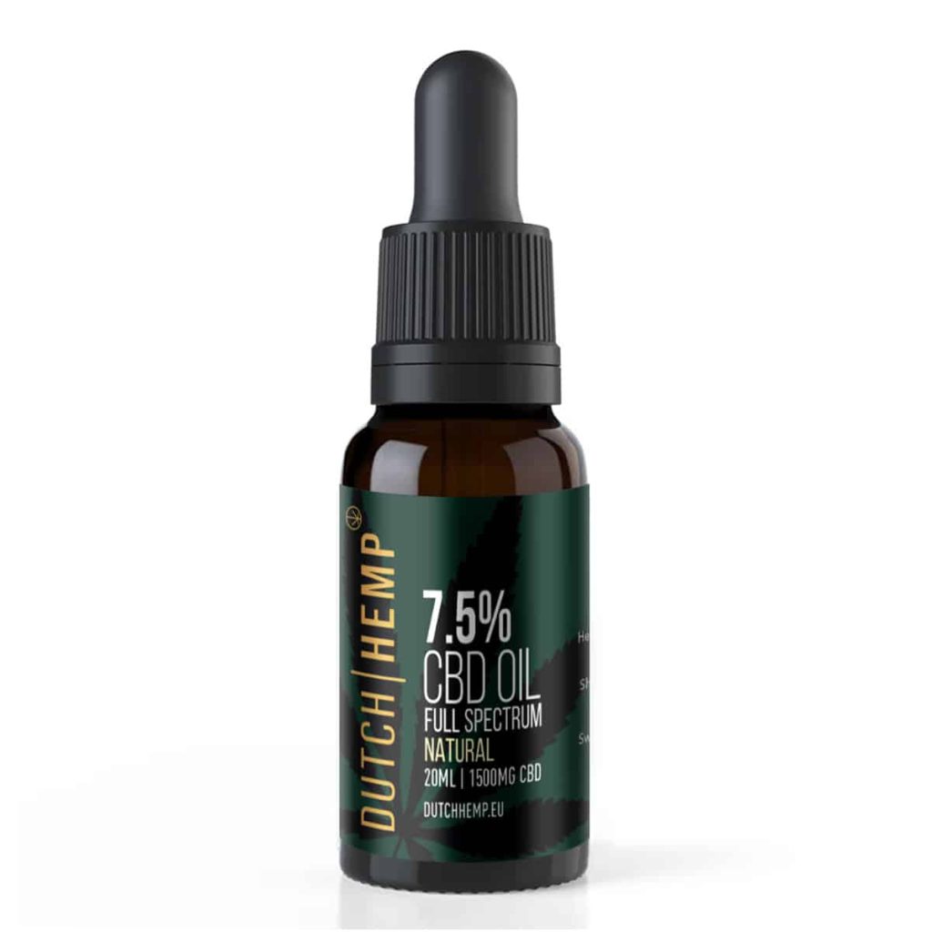 Donker flesje Dutch Hemp 7,5% CBD-olie full spectrum 20 ml, smaak Natural