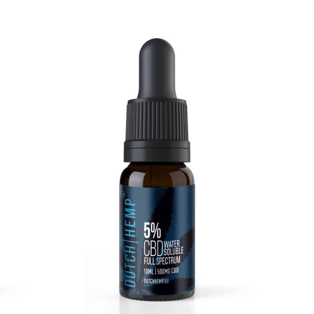 Blauw flesje Dutch Hemp 5% CBD water soluble full spectrum met pipetdop, 10 ml
