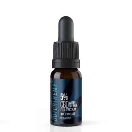 Blauw flesje Dutch Hemp 5% CBD water soluble full spectrum met pipetdop, 10 ml