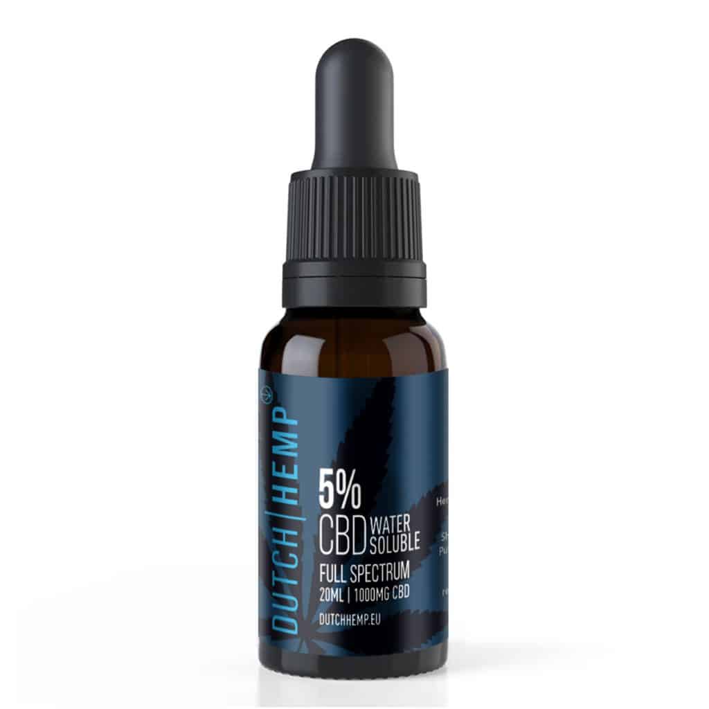 Blauw flesje Dutch Hemp 5% CBD water soluble full spectrum met pipetdop, 20 ml
