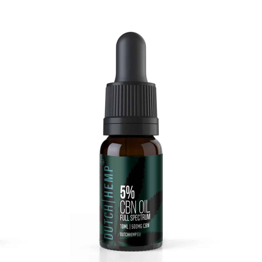 Donker flesje Dutch Hemp 5% CBN-olie full spectrum 10 ml met druppelpipet