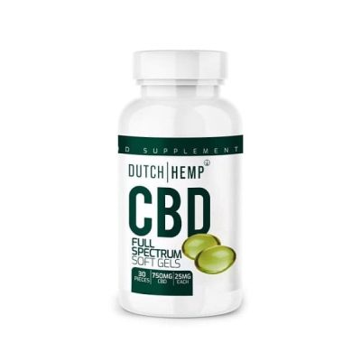 Witte pot Dutch Hemp CBD full spectrum soft gels met twee capsules ervoor