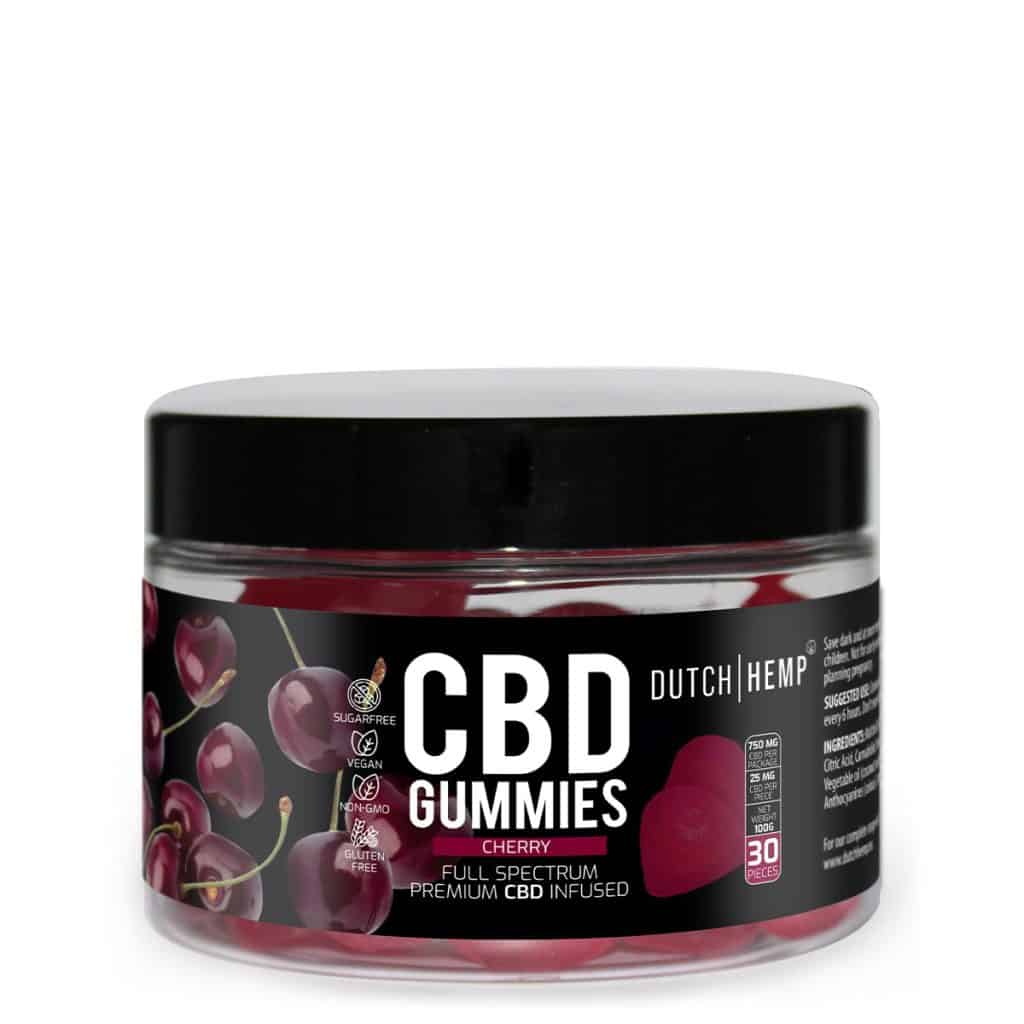 Potje Dutch Hemp CBD gummies cherry, suikervrij en vegan, broad spectrum, 30 stuks