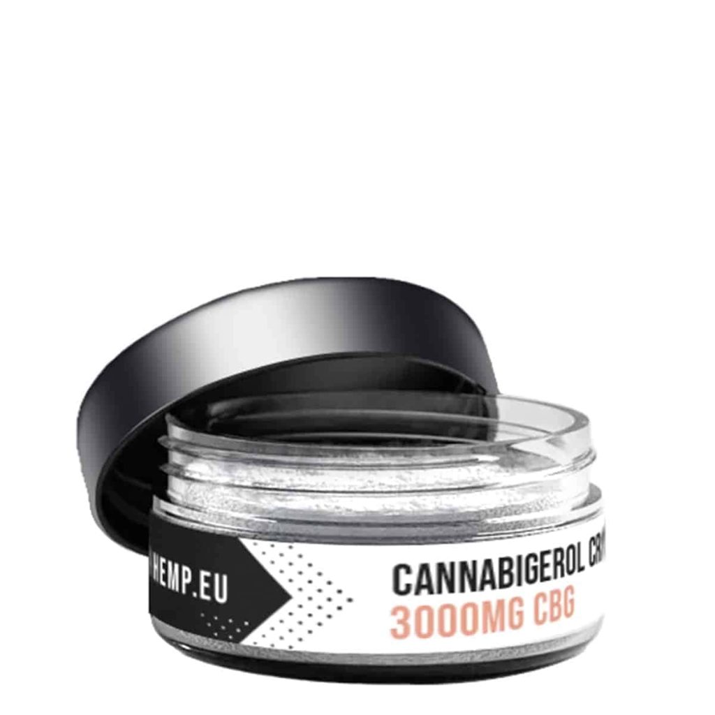 Geopend glazen potje Dutch Hemp CBG-kristallen, 3000 mg