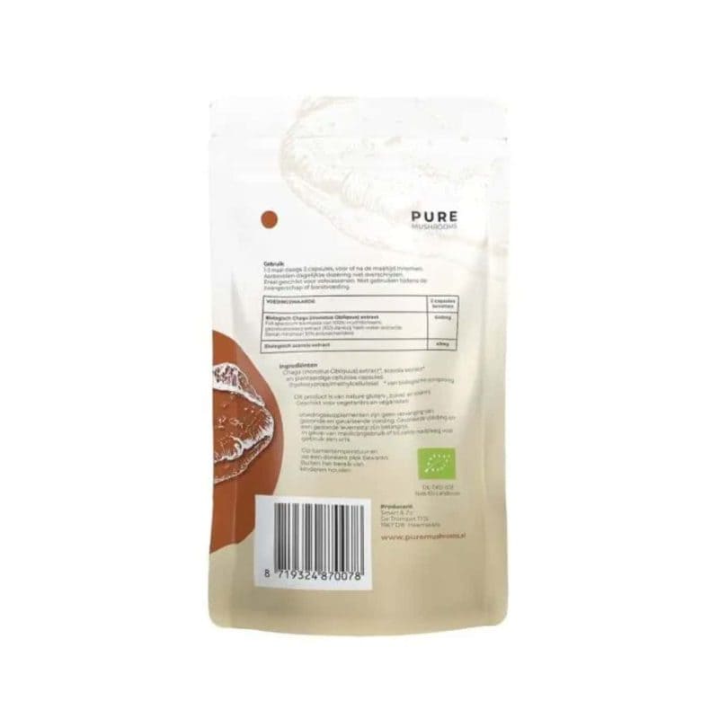 Achterkant Pure Mushrooms Chaga verpakking met ingrediënten en barcode