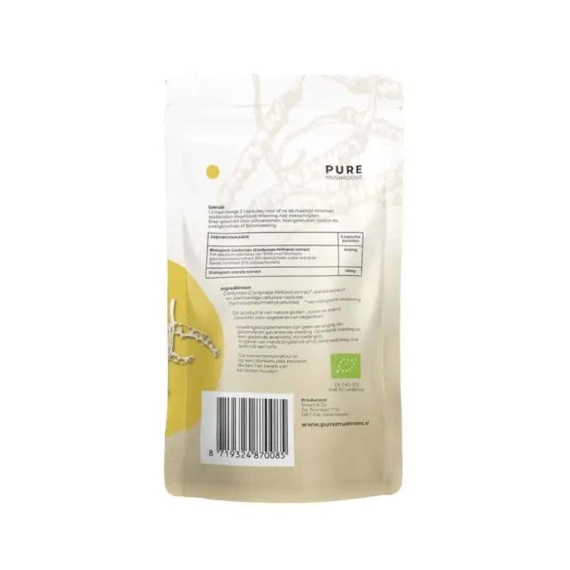 Achterkant Pure Mushrooms Cordyceps verpakking met ingrediënten en barcode