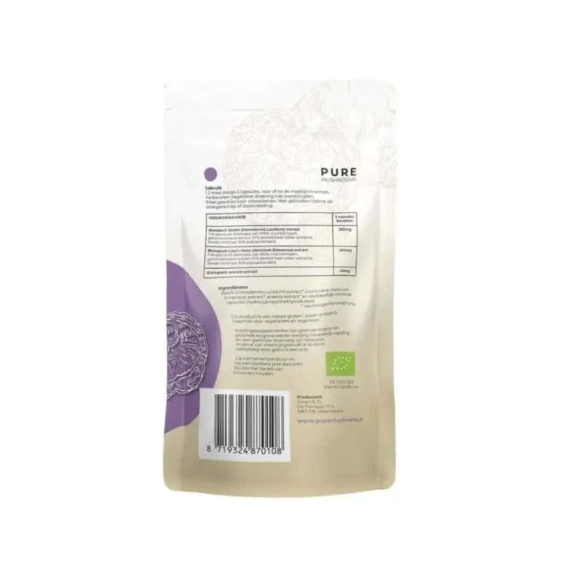 Achterkant Pure Mushrooms Chill Mix verpakking met ingrediënten en barcode