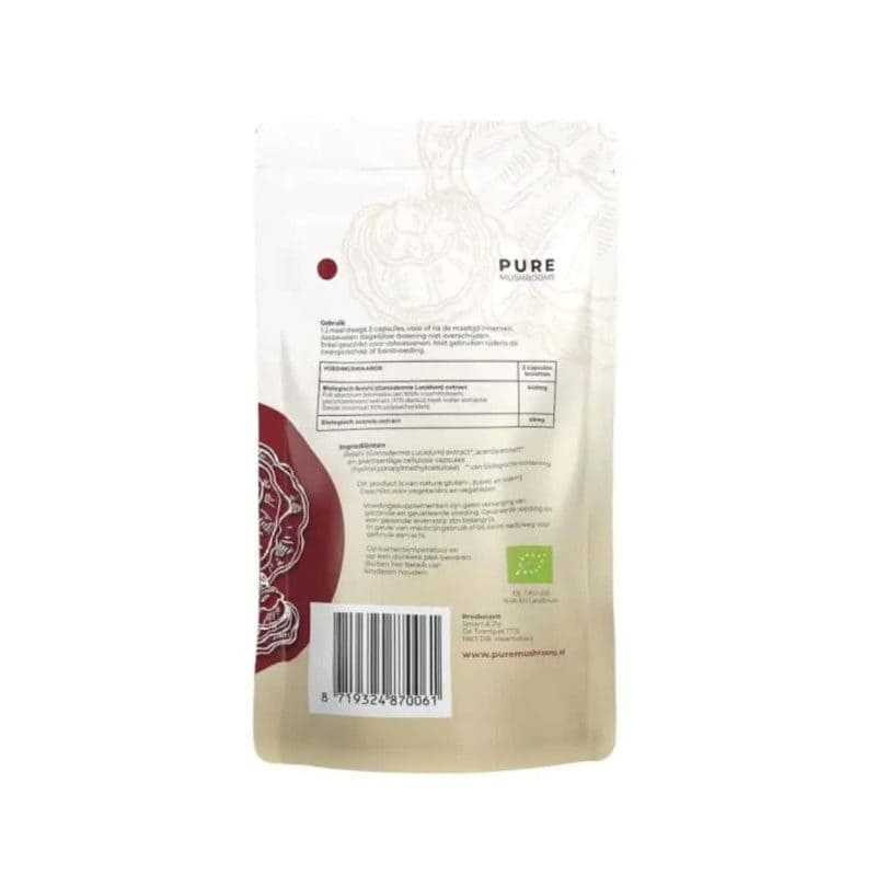 Achterkant Pure Mushrooms Reishi verpakking met ingrediënten en barcode