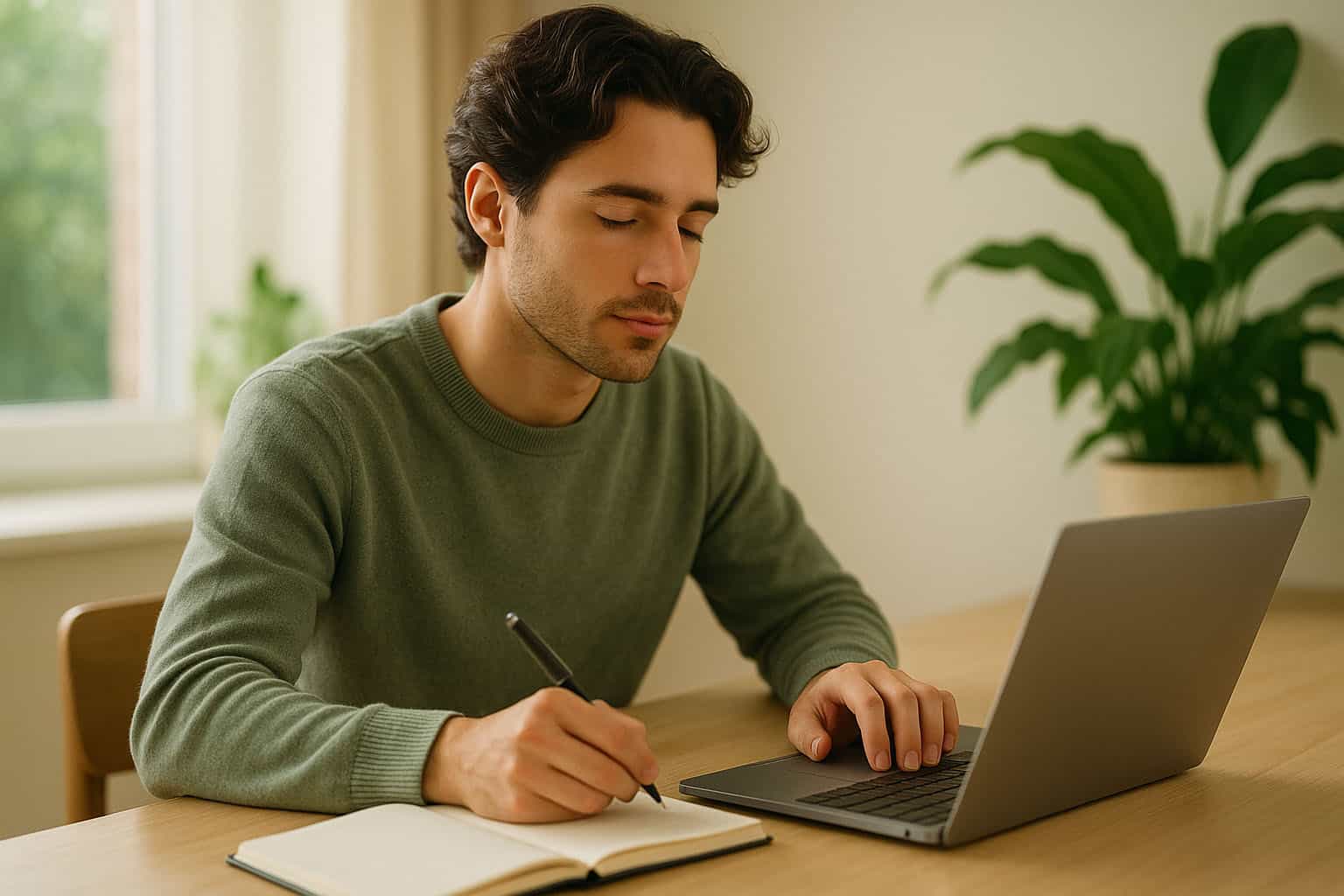 Jonge man werkt geconcentreerd aan zijn laptop met een notitieboek en CBD-olie op tafel, symbool voor natuurlijke focus en concentratie dankzij CBD.