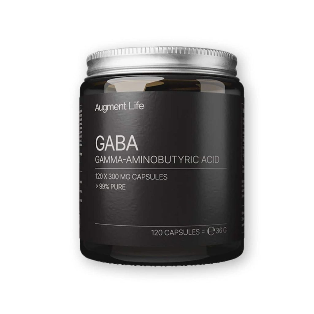 Flesje met GABA capsules en zwart etiket.