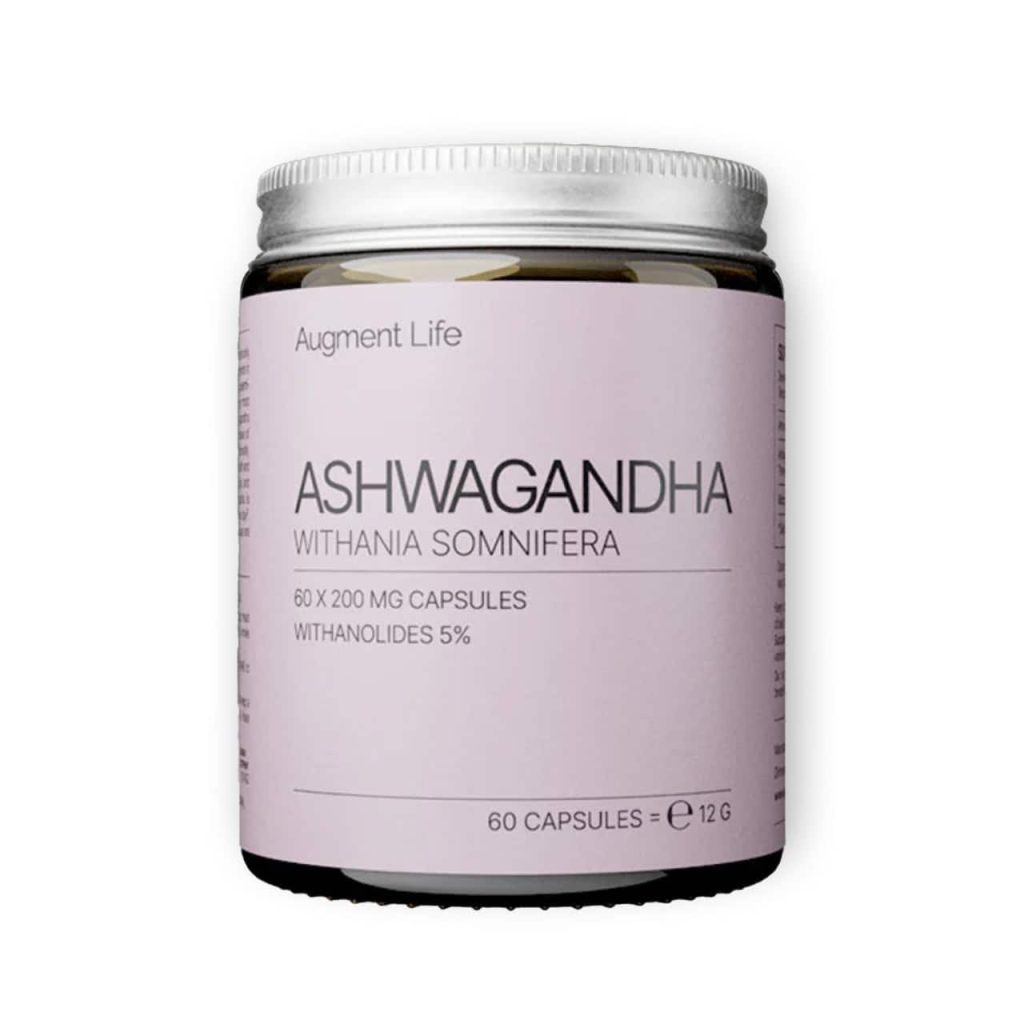 Potje Ashwagandha capsules met label en witte dop.