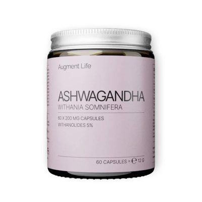 Potje Ashwagandha capsules met label en witte dop.
