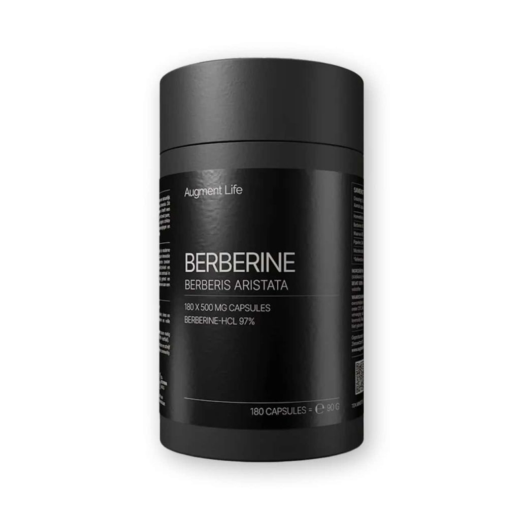 Zwarte pot met Berberine capsules en label.