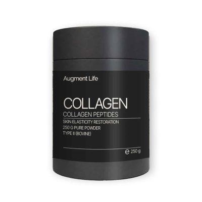 Pot met Collageen Peptiden van Augment Life, zwart met witte tekst.