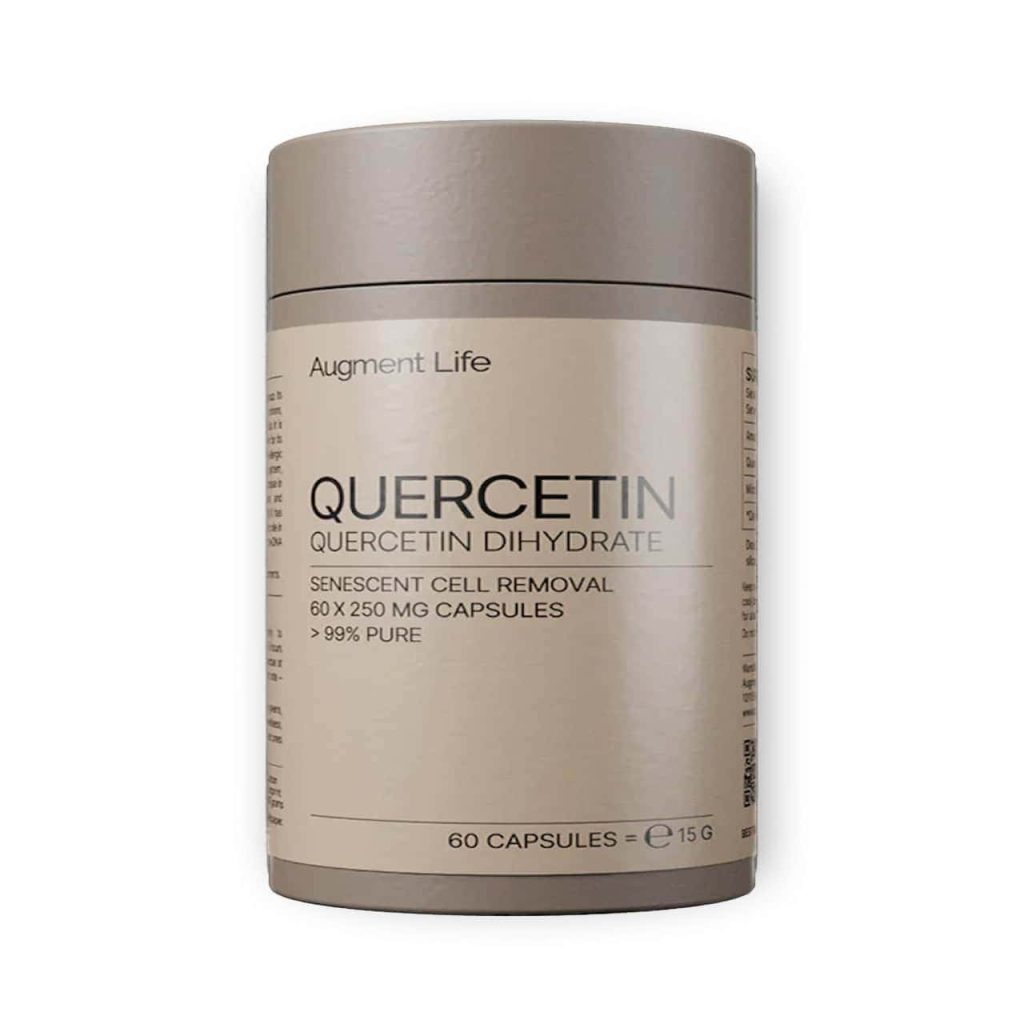 Potje Quercetine supplement met verpakking en label.