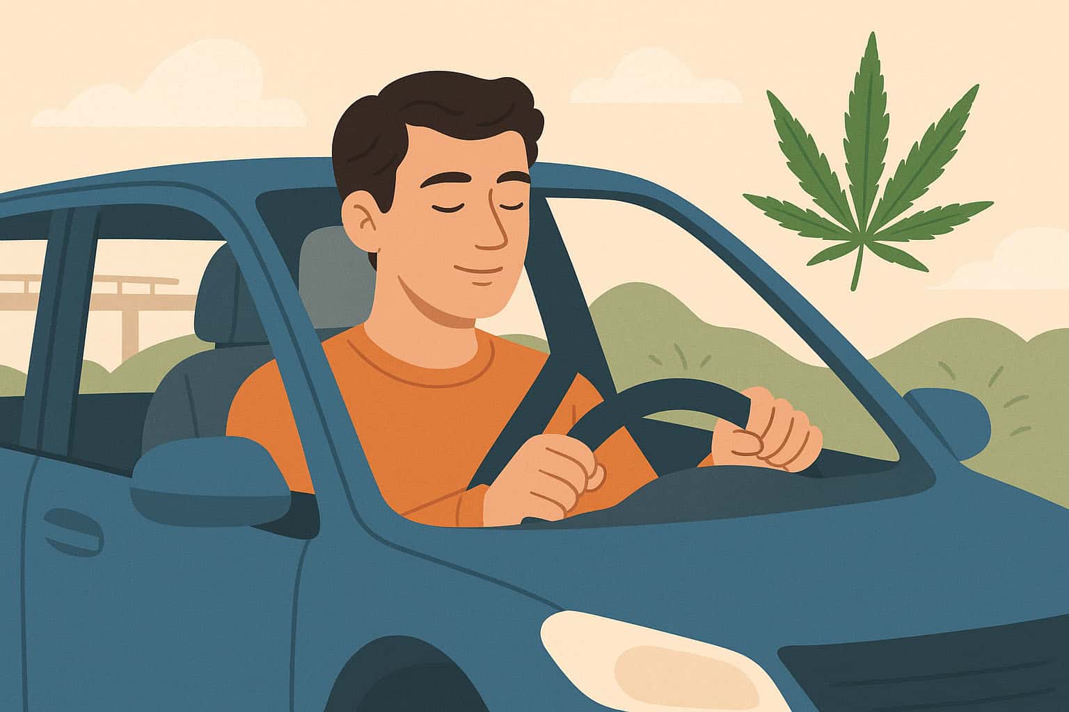 Home 15 Illustratieve afbeelding van een ontspannen bestuurder in de auto, symbool voor CBD autorijden en meer rust en zelfvertrouwen op de weg.