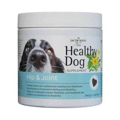 Potje Healthy Dog supplement voor honden met label en afbeelding van een hond.