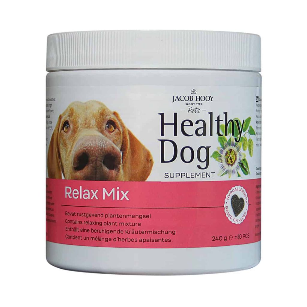 Potje met Healthy Dog Relax Mix supplement voor honden.