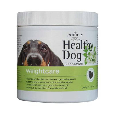 Pot met Healthy Dog Weightcare supplement voor honden.
