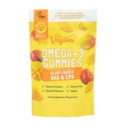 Verpakking van Vegums Omega 3 Gummies met mango en appel.
