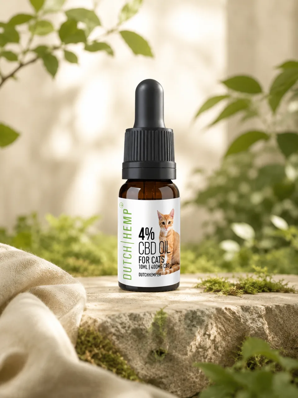 Dutch Hemp CBD oil for cats on a mossy stone with linen