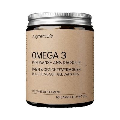 Omega 3 capsules in bruin glazen pot met zilver deksel en labels.