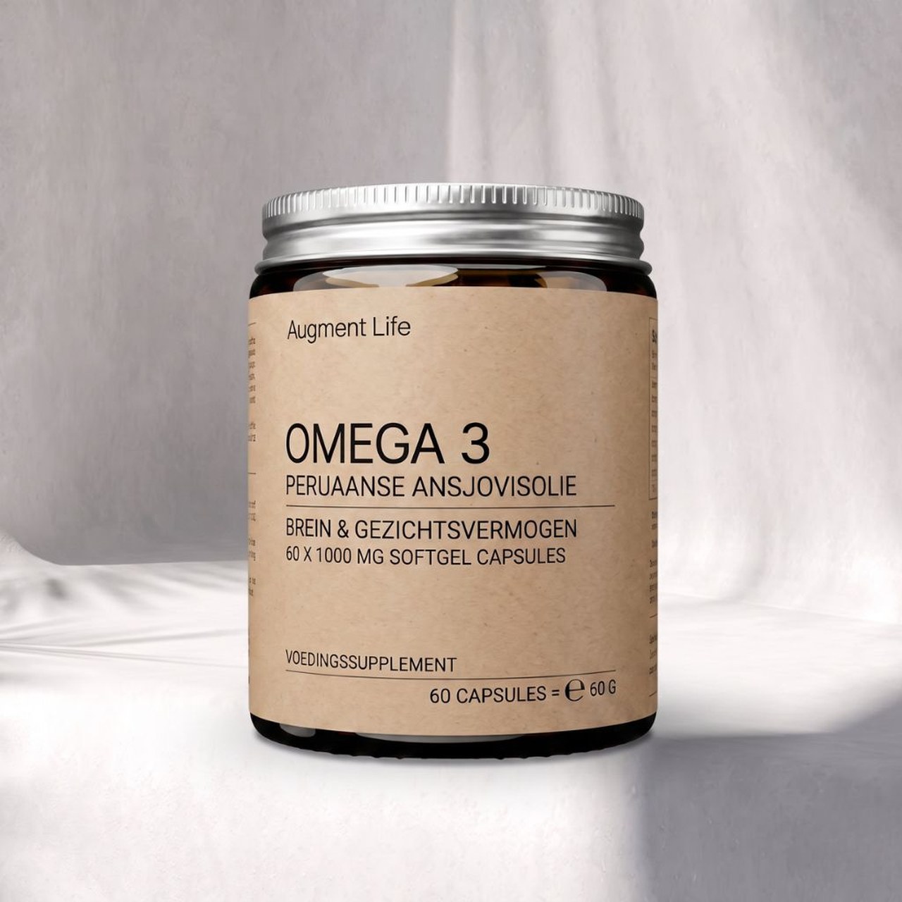 Omega 3 supplement in donker glas pot met zilverkleurige deksel en beige etiket.