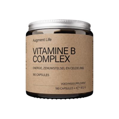 Vitamine B Complex pot met label op bruine kartonnen verpakking.