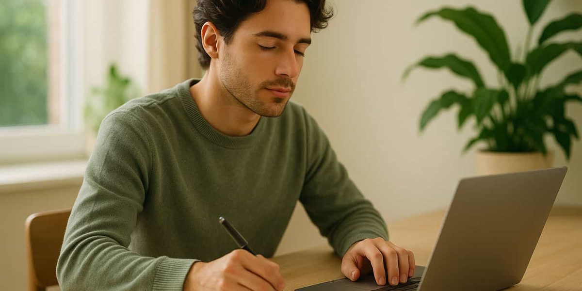 Jonge man werkt geconcentreerd aan zijn laptop met een notitieboek en CBD-olie op tafel, symbool voor natuurlijke focus en concentratie dankzij CBD.
